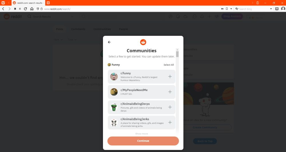 انتخابگر Reddit Communities در طول راه اندازی اولیه