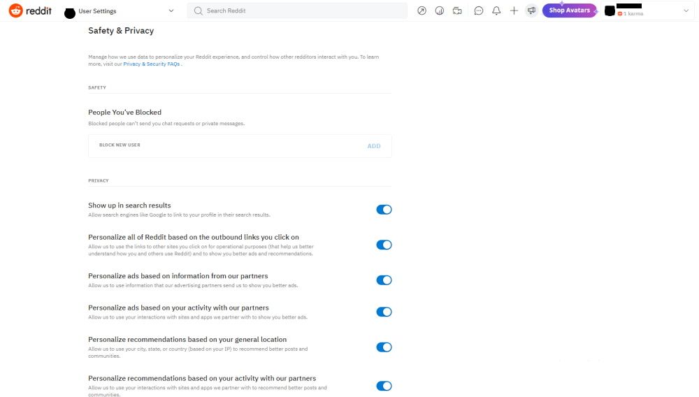کنترل‌های تنظیمات ایمنی و حریم خصوصی Reddit