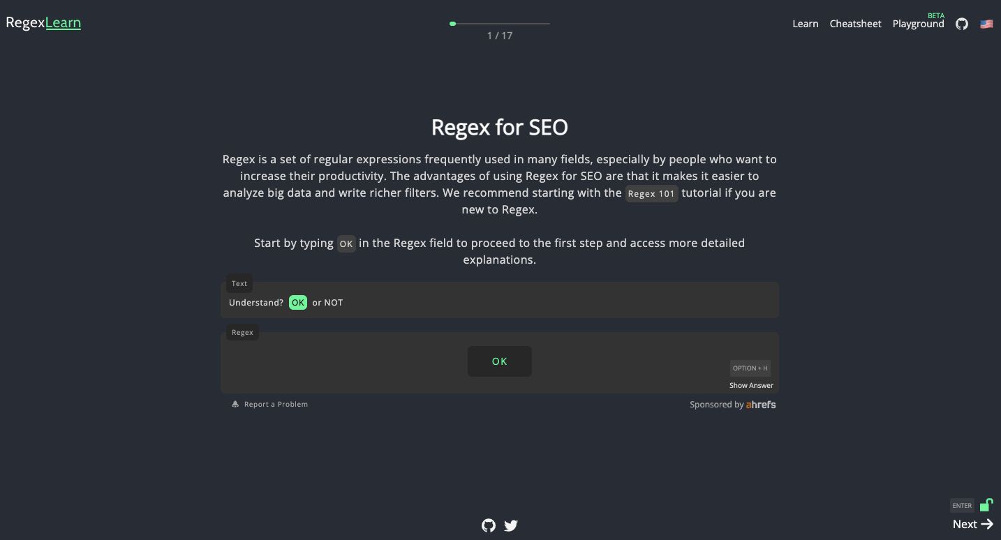 RegexLearn SEO Course Page Screenshot