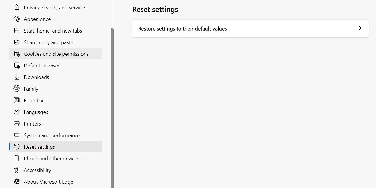 Reset settings to their default values option of Edge