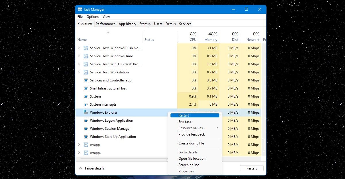 Restart Windows Explorer in Task Manager