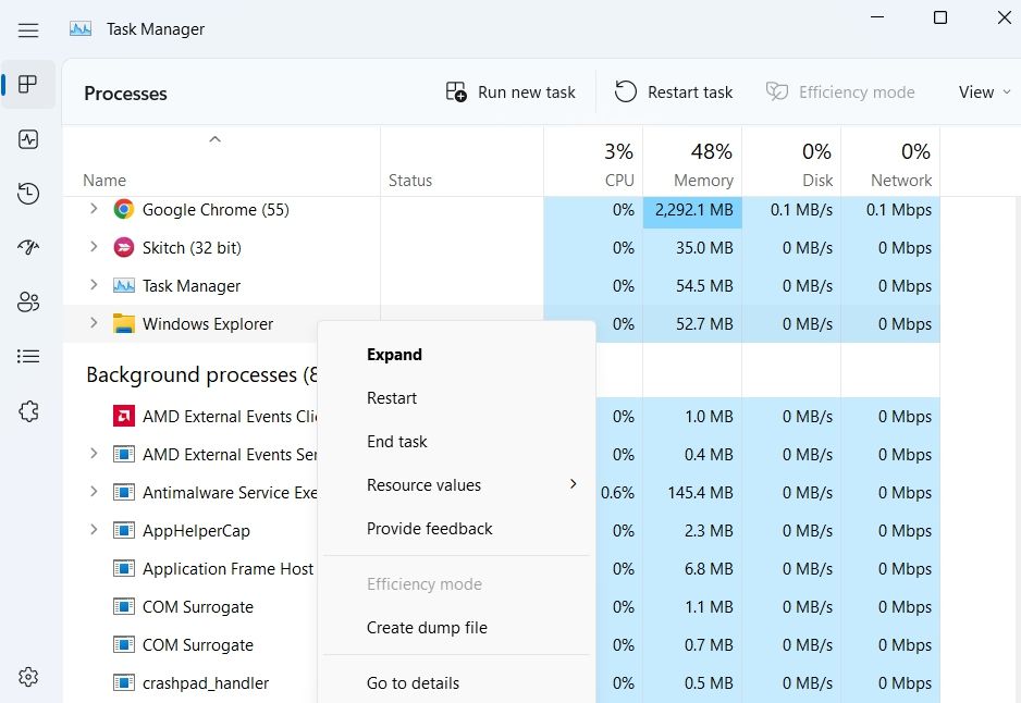Restart Windows Explorer using the Task Manager