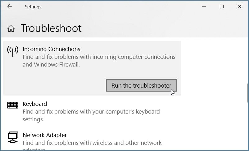 Running the Incoming Connections troubleshooter on Windows