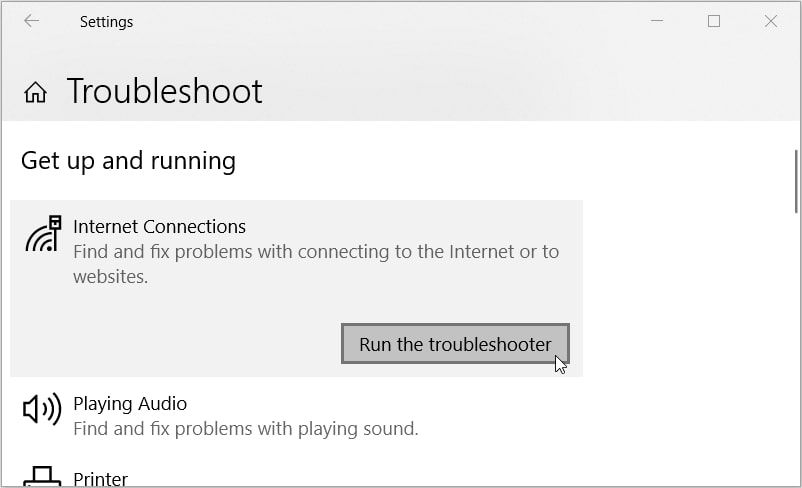 Running the Internet Connections troubleshooter on Windows