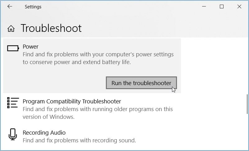 Running the Power troubleshooter