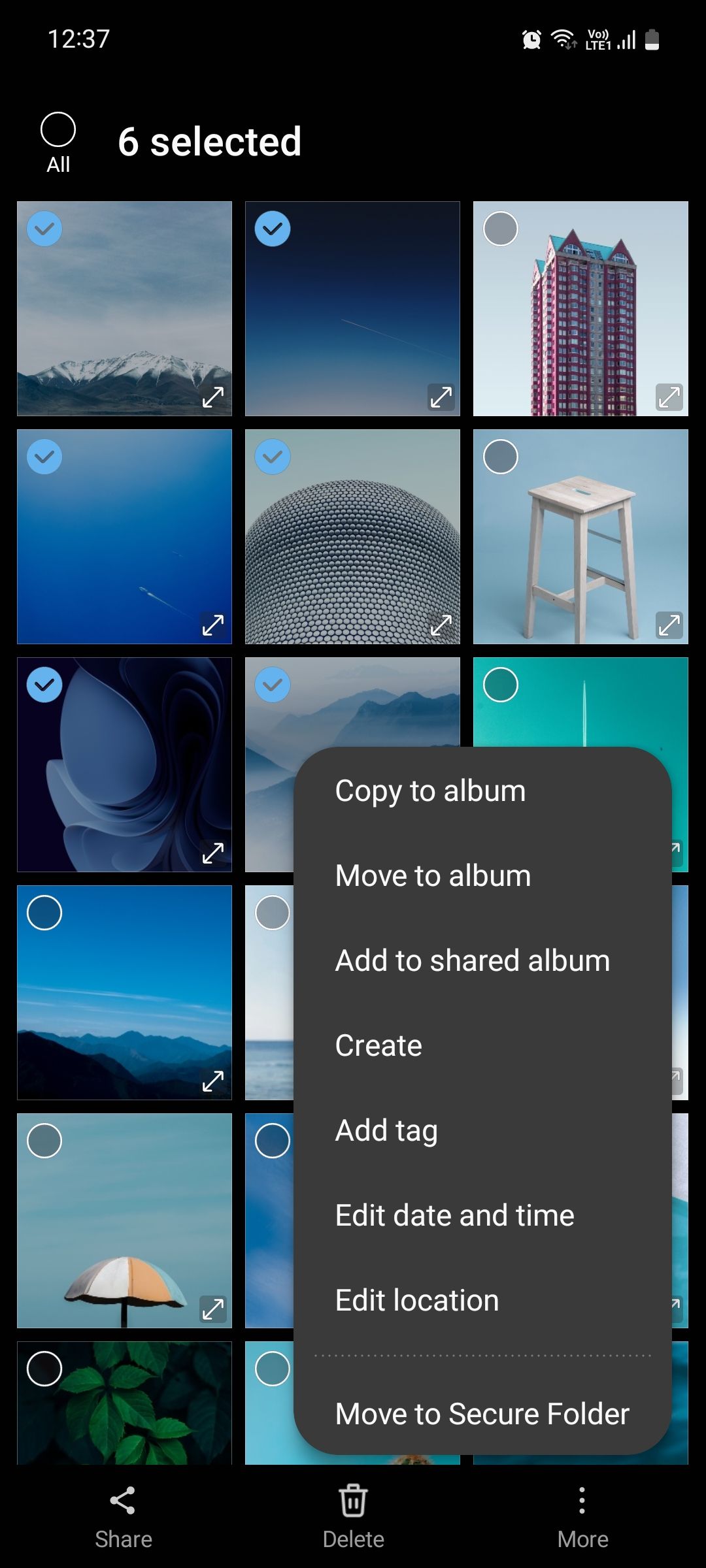Samsung Gallery selected album items menu