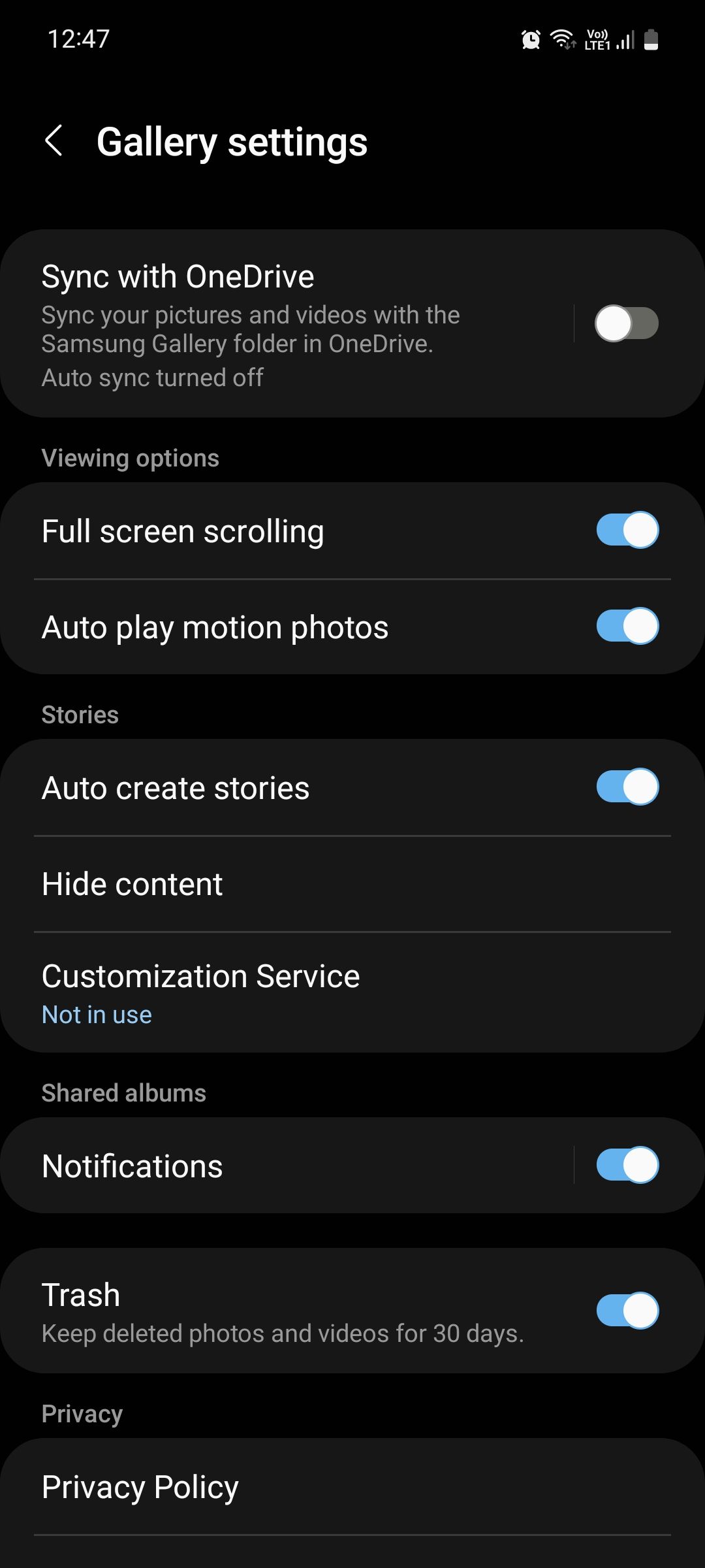 Samsung Gallery settings