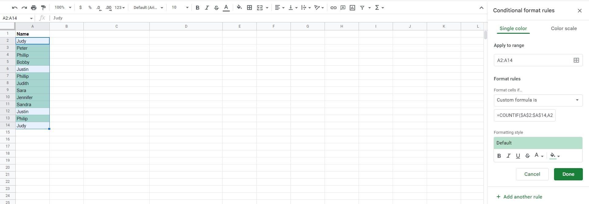 Using conditional formatting to identify distinct values