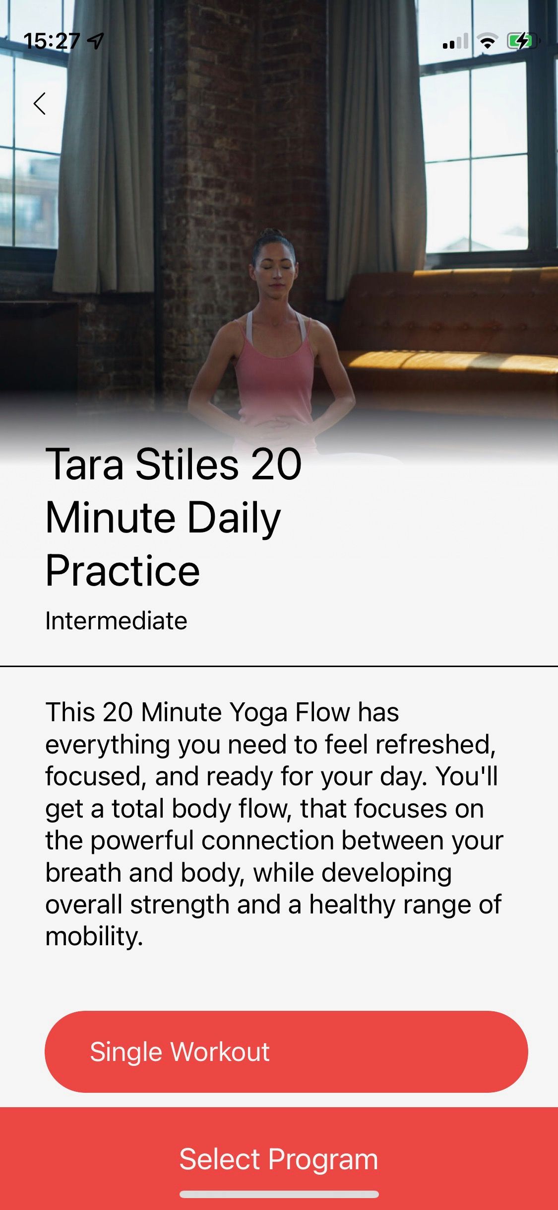 Screenshot from Jillian Michaels app showing Tara Stiles yoga flow practice