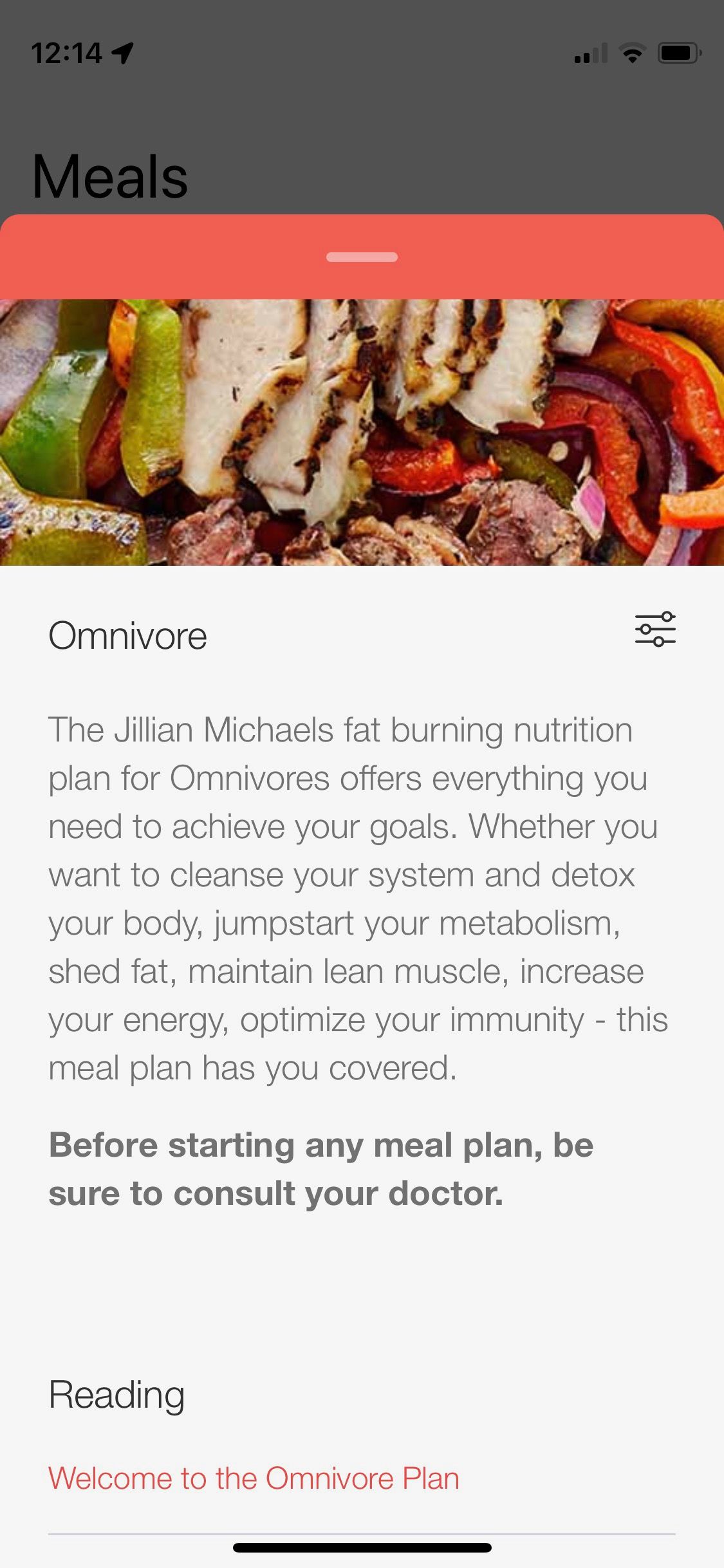 Screenshot from Jillian Michaels app showing omnivore dietary plan introduction