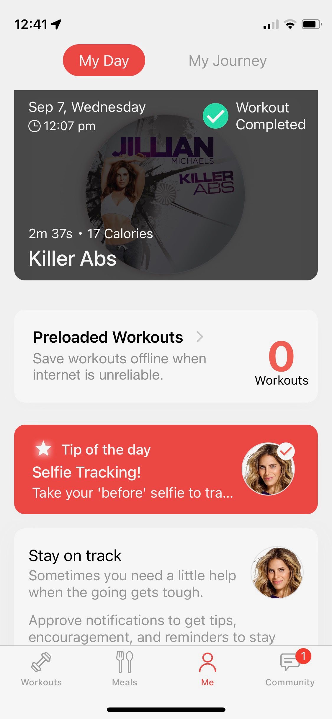 Screenshot from Jillian Michaels app showing personalized daily plan