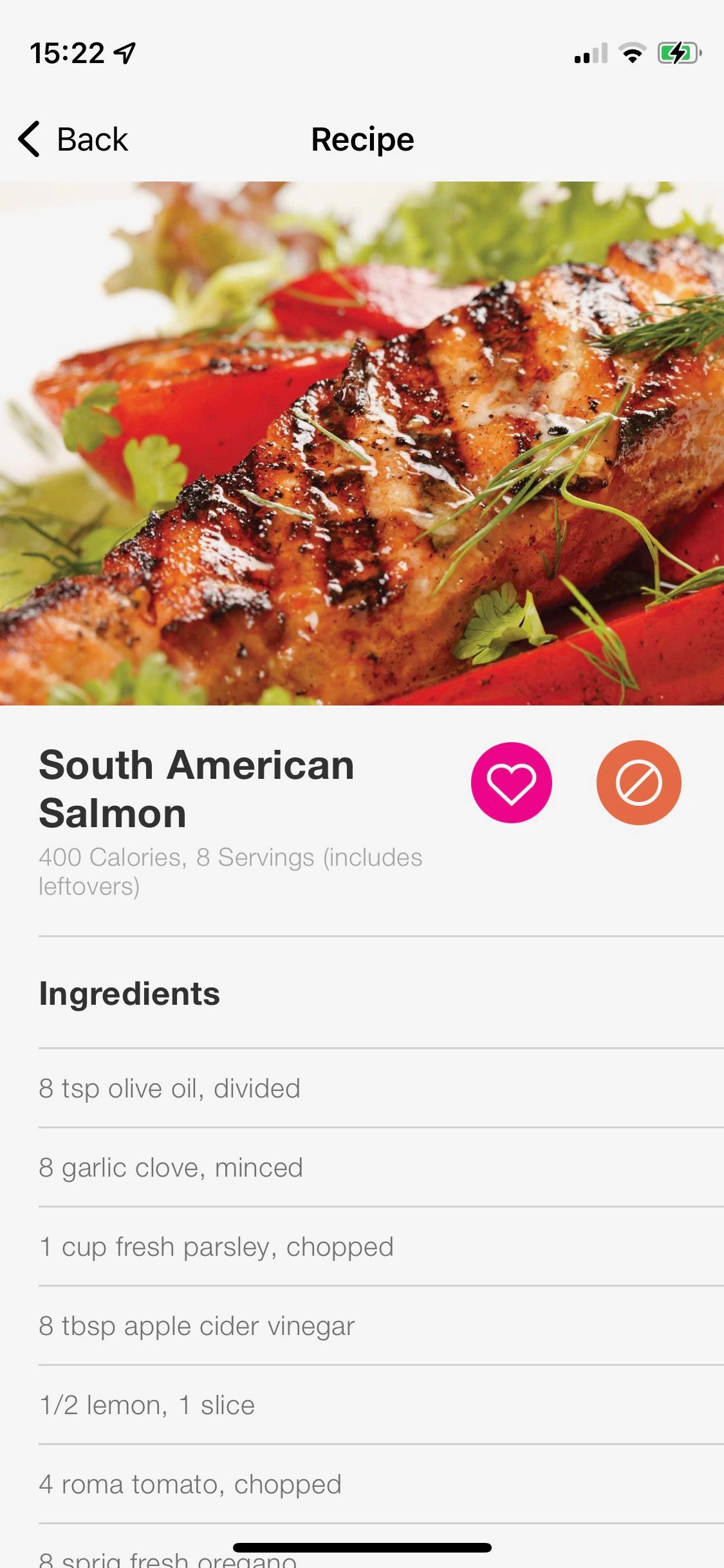 Screenshot from Jillian Michaels app showing sample recipe for salmon