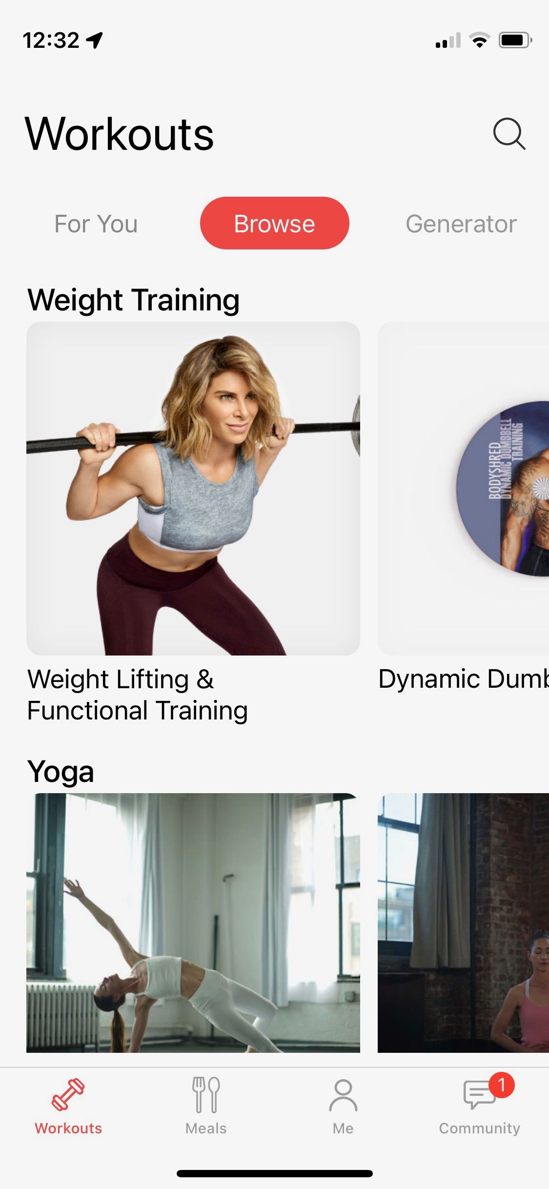 Screenshot from Jillian Michaels app showing weight training and yoga catalog