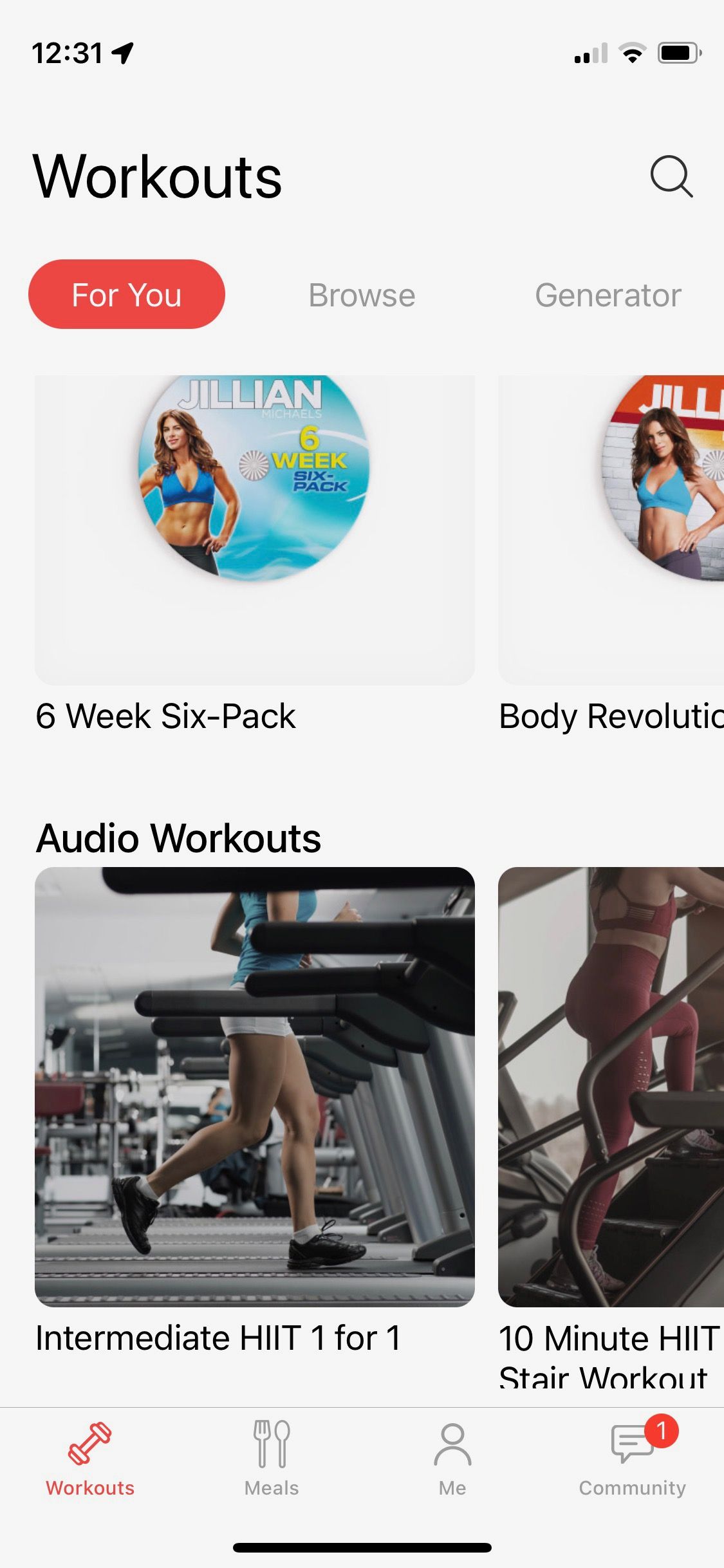 Screenshot from Jillian Michaels app showing workouts for you screen