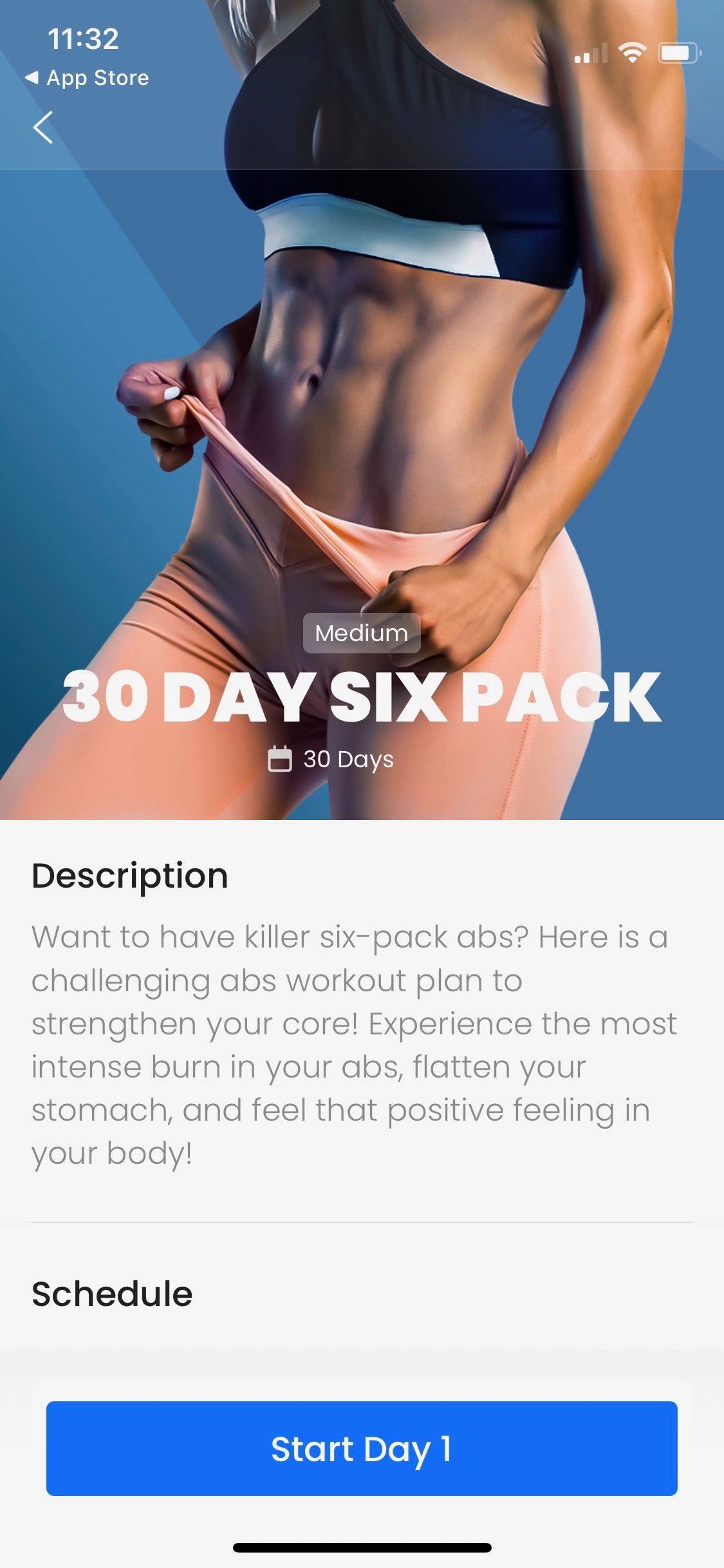 Screenshot of 7M app showing 30 day 6 pack introduction