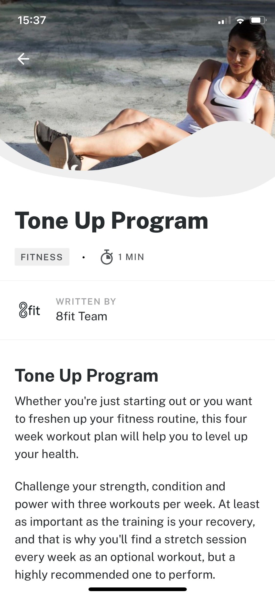 Screenshot of 8fit showing tone up program introduction