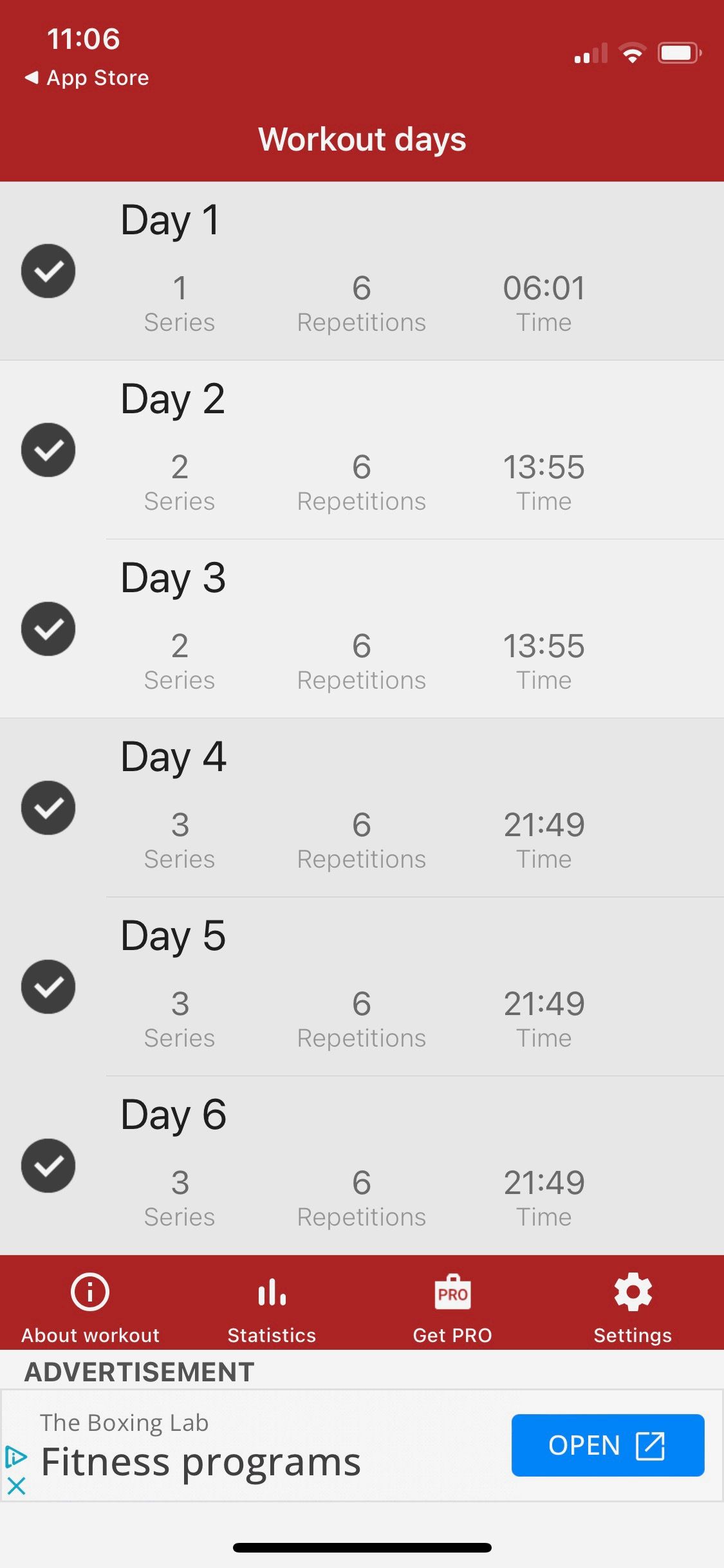 Screenshot of A6W app showing workout days