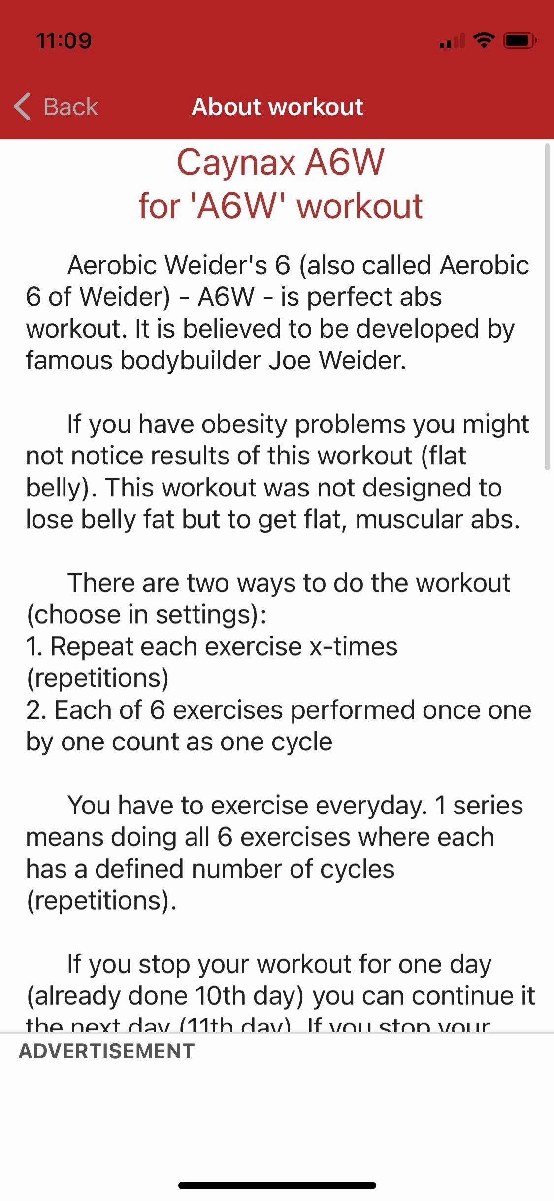 Screenshot of A6W app showing workout explanation