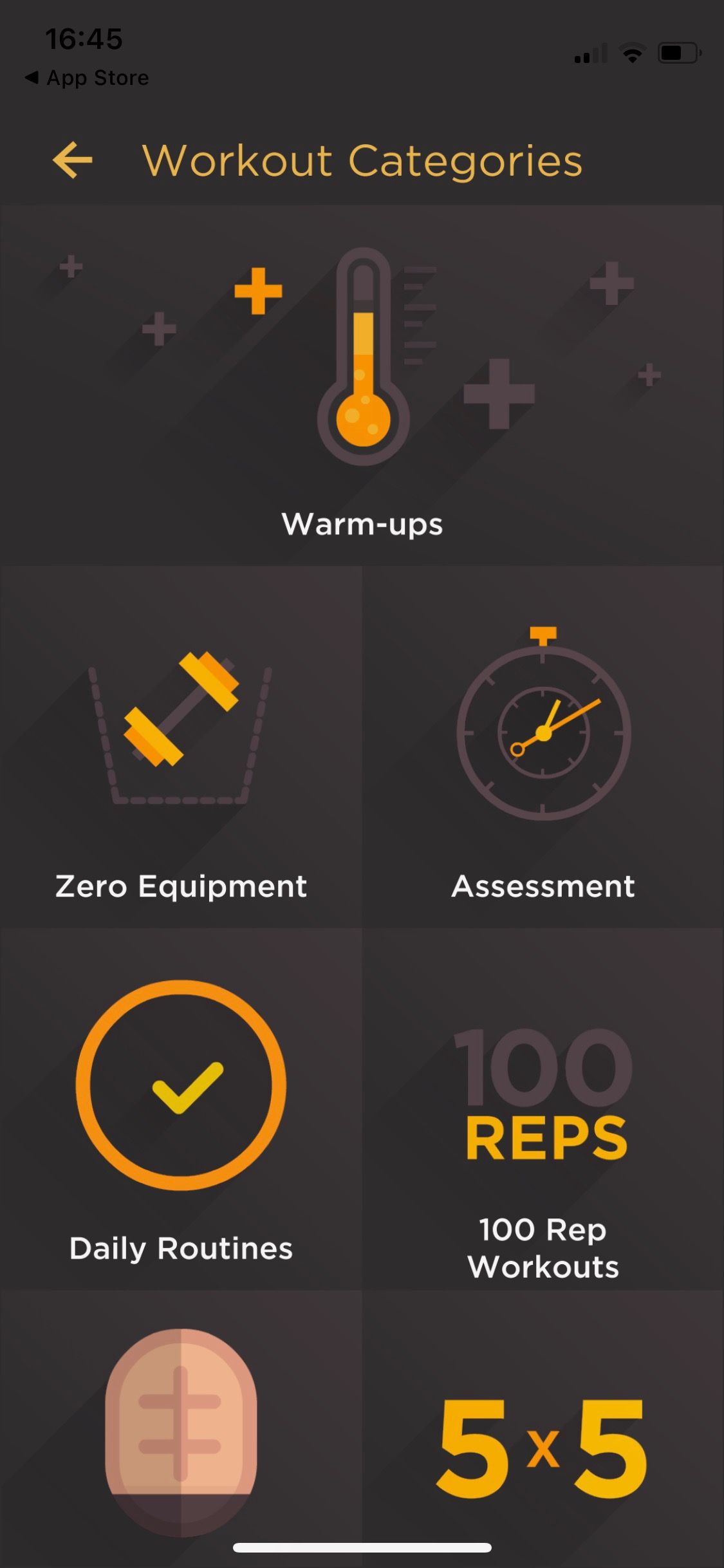 Screenshot of Al Kavado app showing workout categories