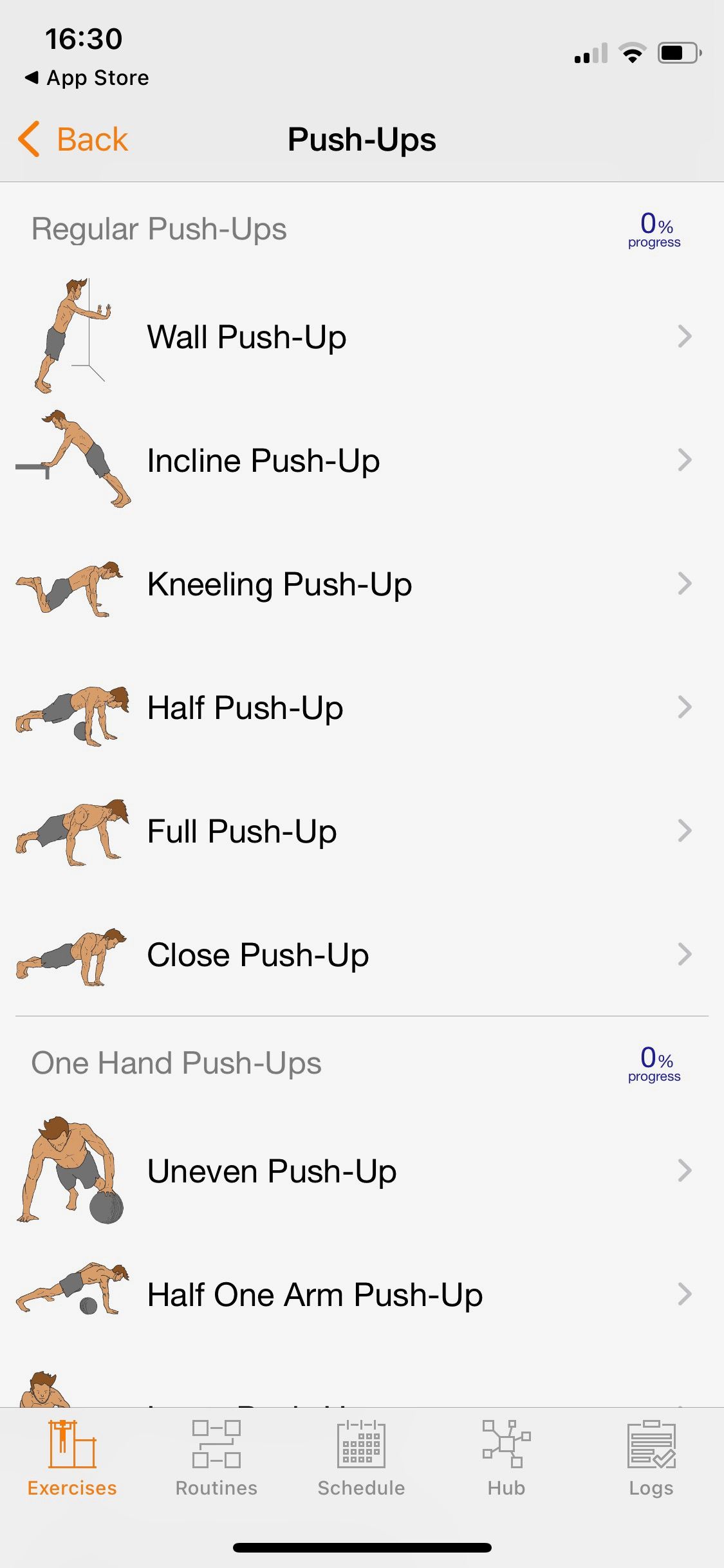 Screenshot of Calisthenics Mastery showing exercise catalog