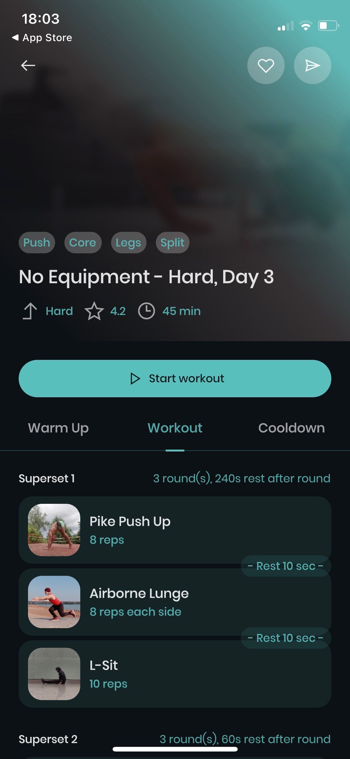 Screenshot of Caliverse app showing no equipment workout