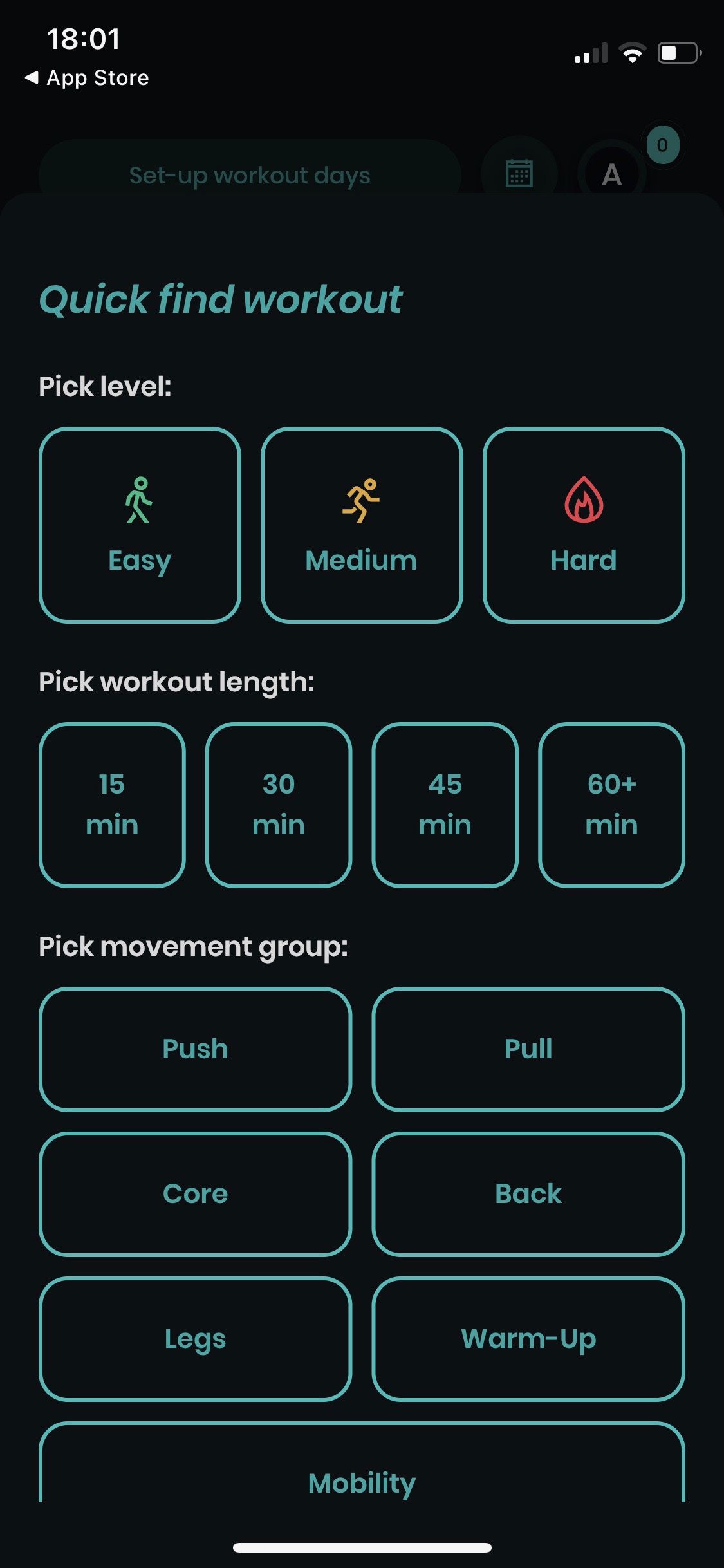 Screenshot of Caliverse app showing quick find workout