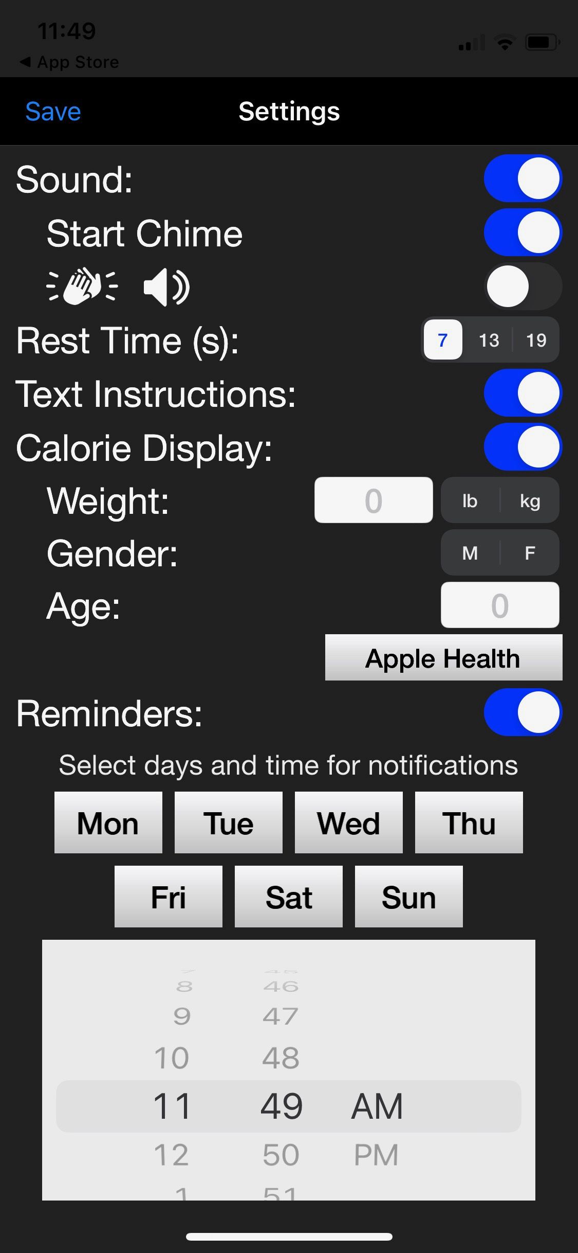 Screenshot of Daily abs showing app settings