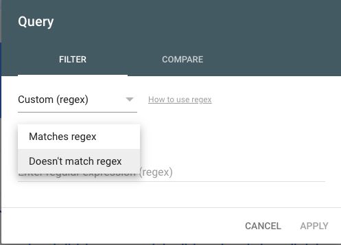 Screenshot of Google Search Console Query Regex Option for Negative Match