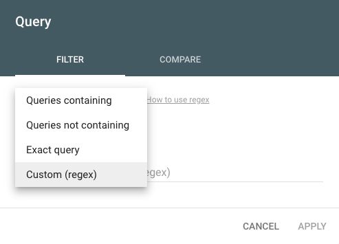 Screenshot of Google Search Console Query Regex Option