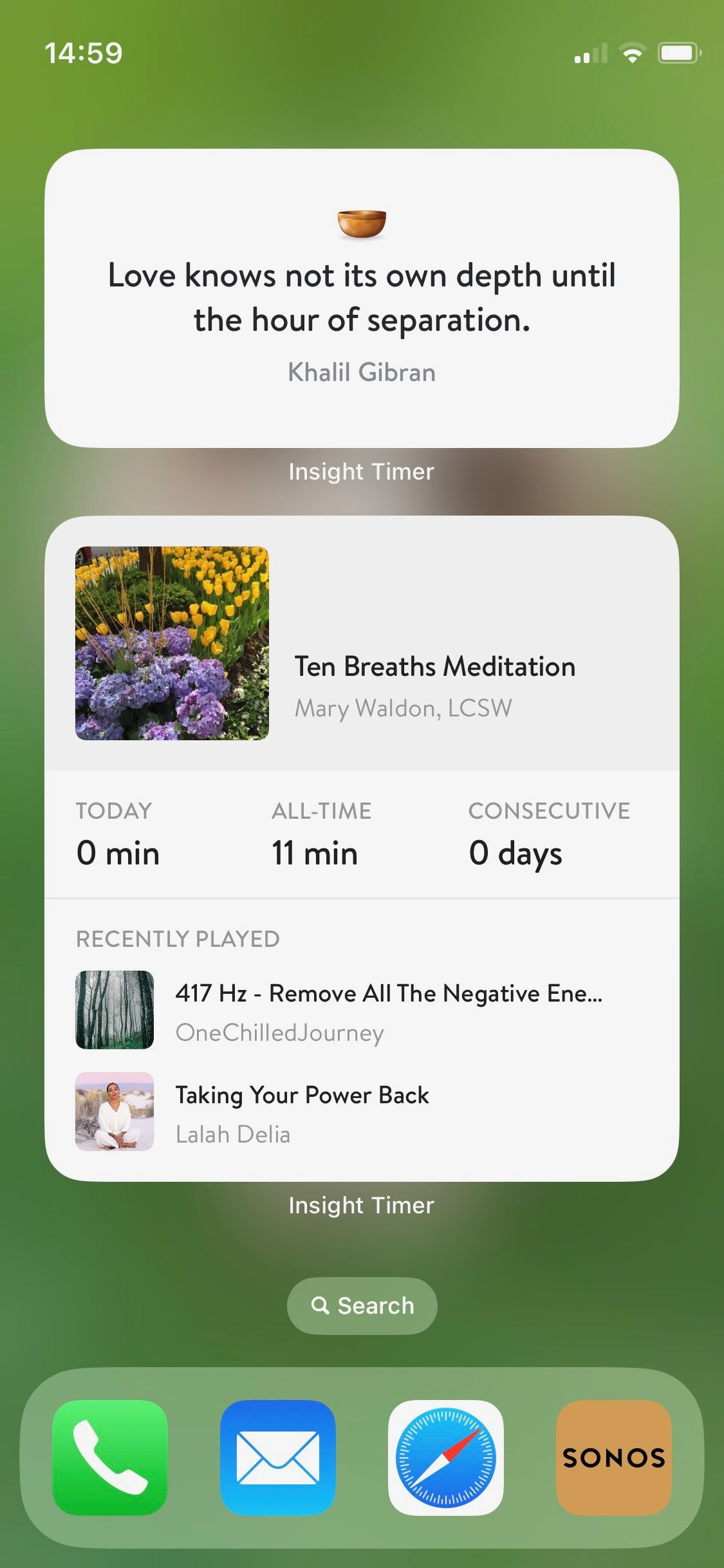 Screenshot of Insight Timer widgets on iPhone home screen