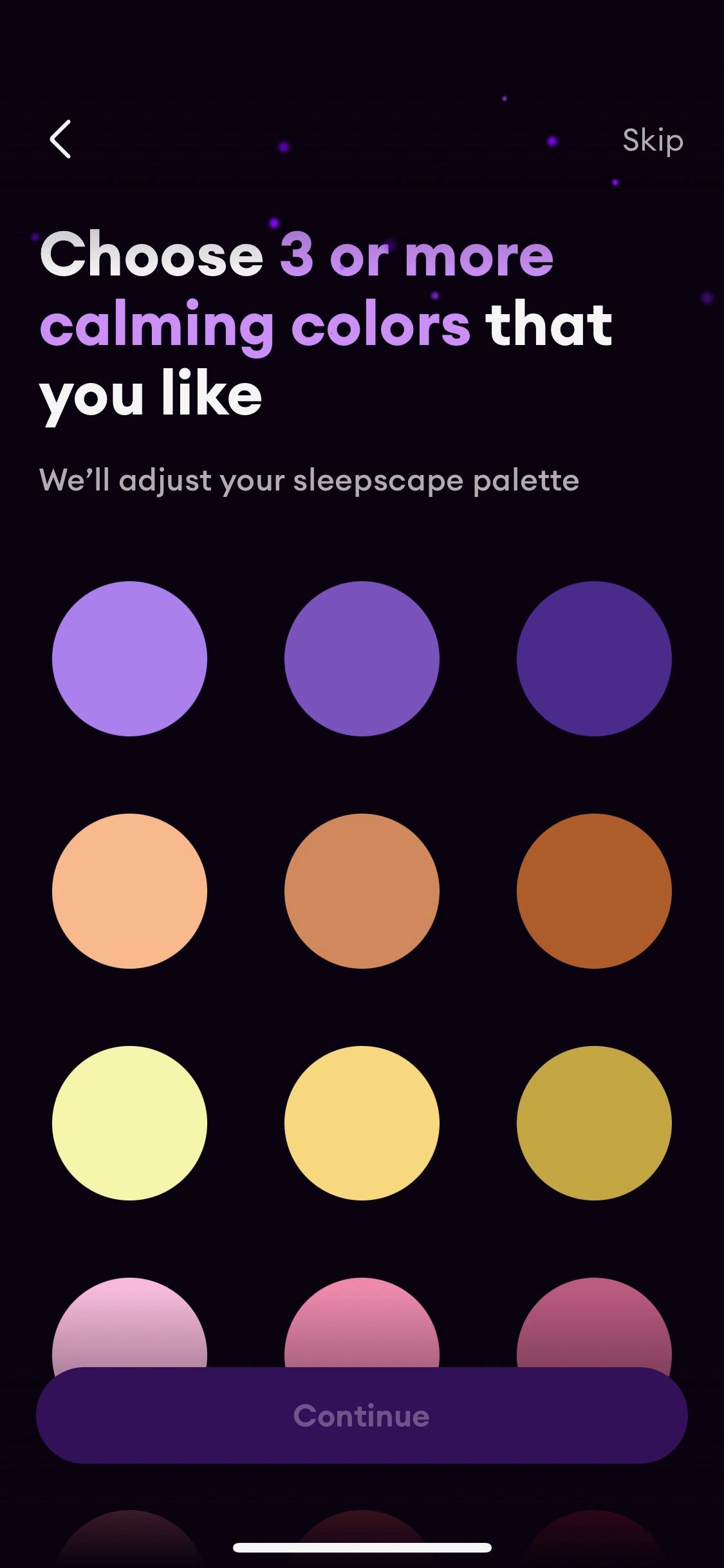 Screenshot of Loona app showing calming colors question