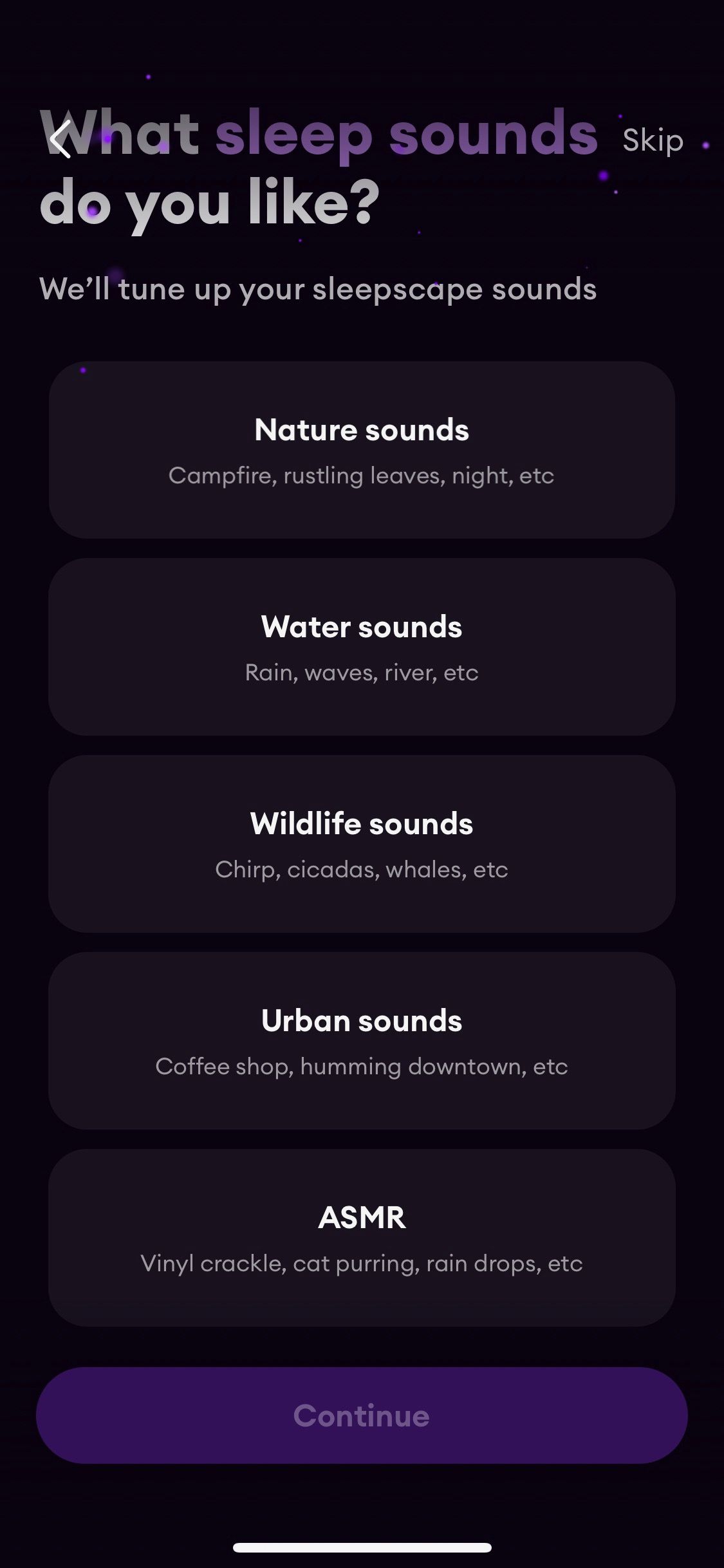 Screenshot of Loona app showing initial questions about sleep sounds