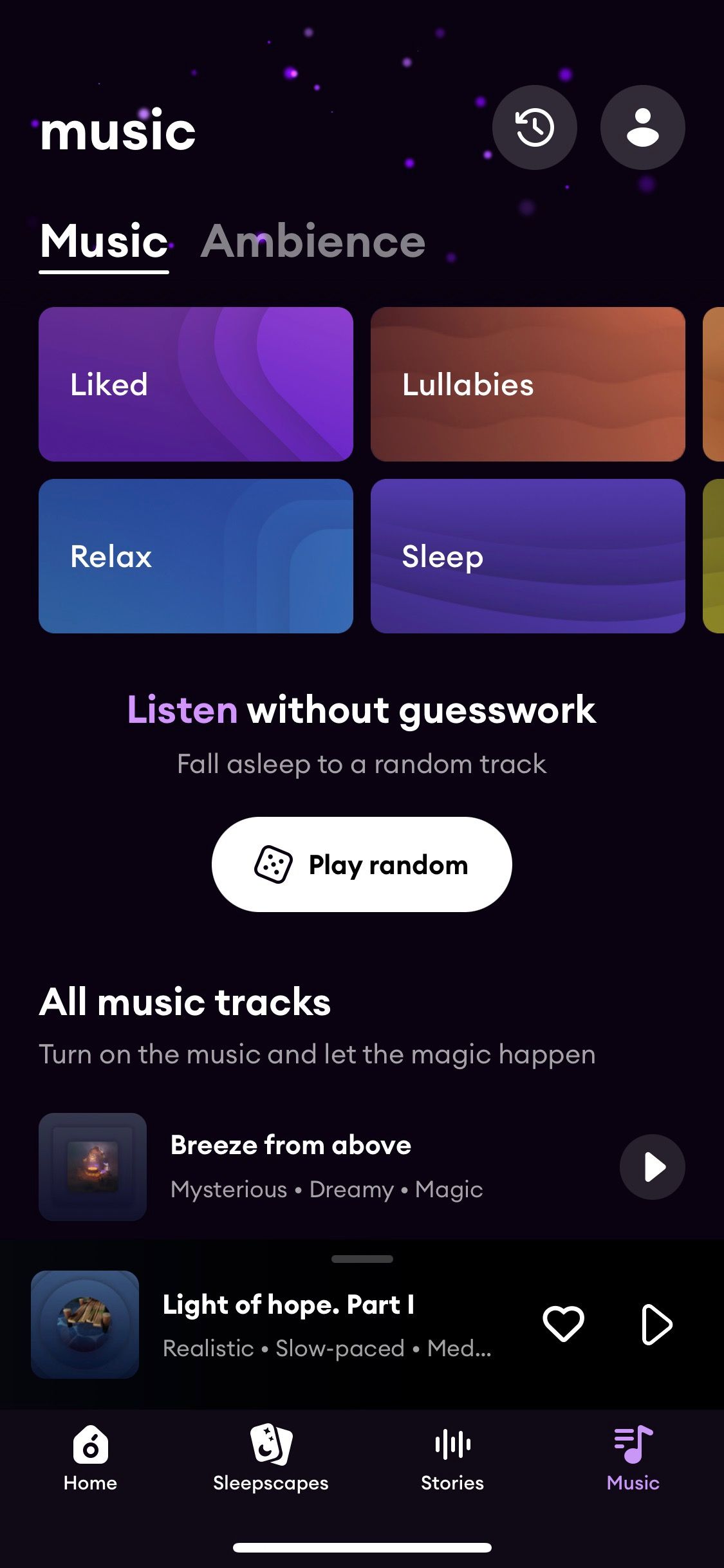 Screenshot of Loona app showing music options
