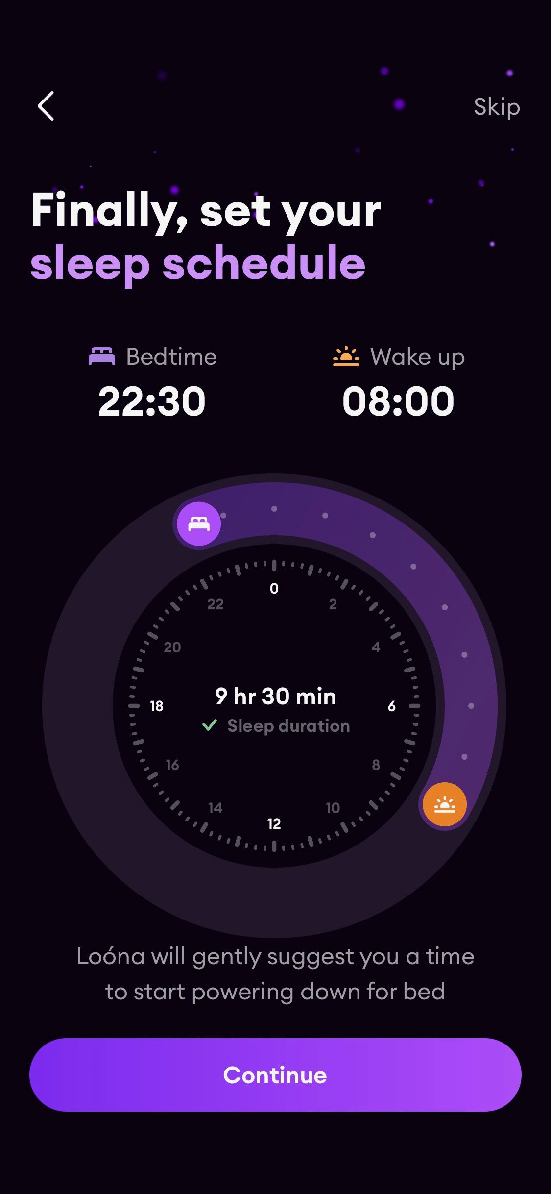 Screenshot of Loona app showing sleep schedule screen