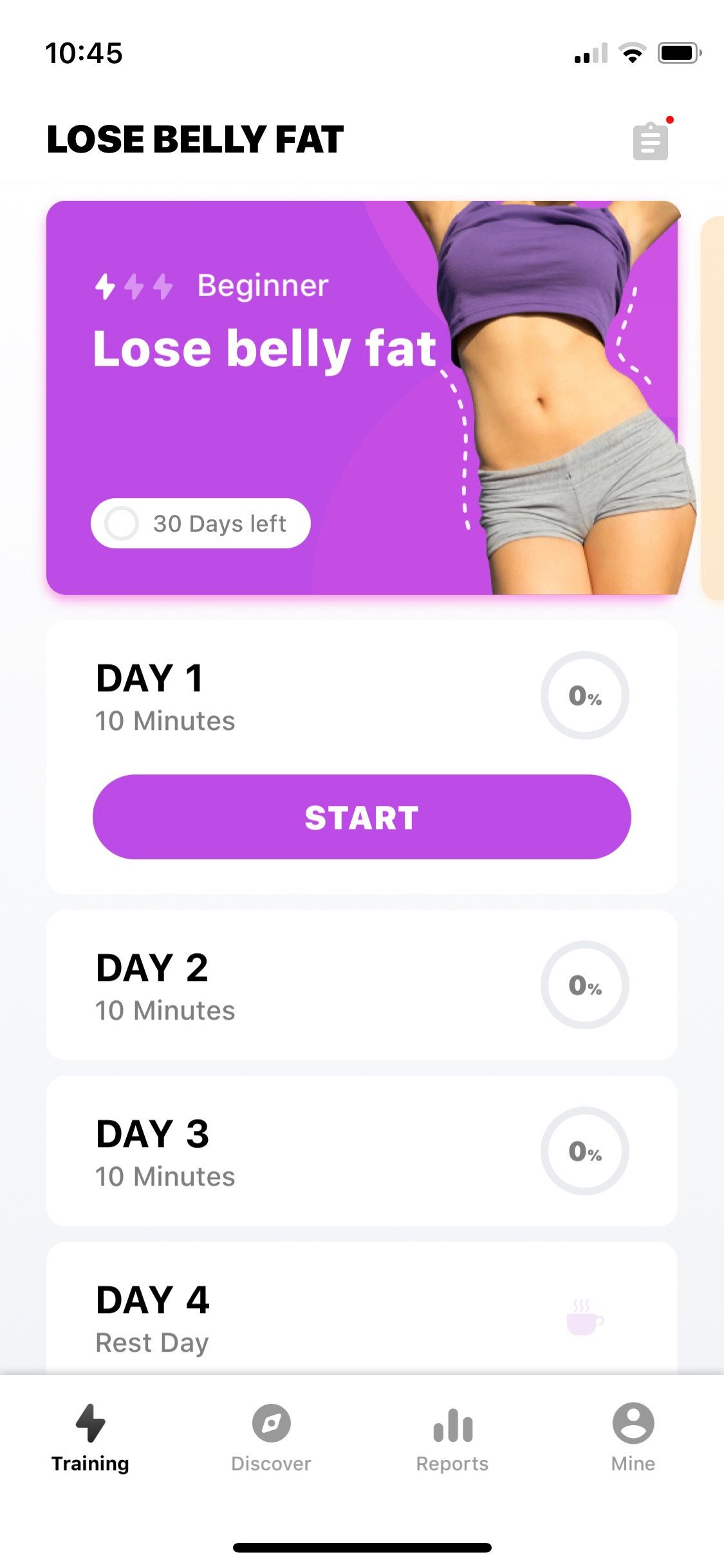 Screenshot of Lose Belly Fat showing beginner challenge