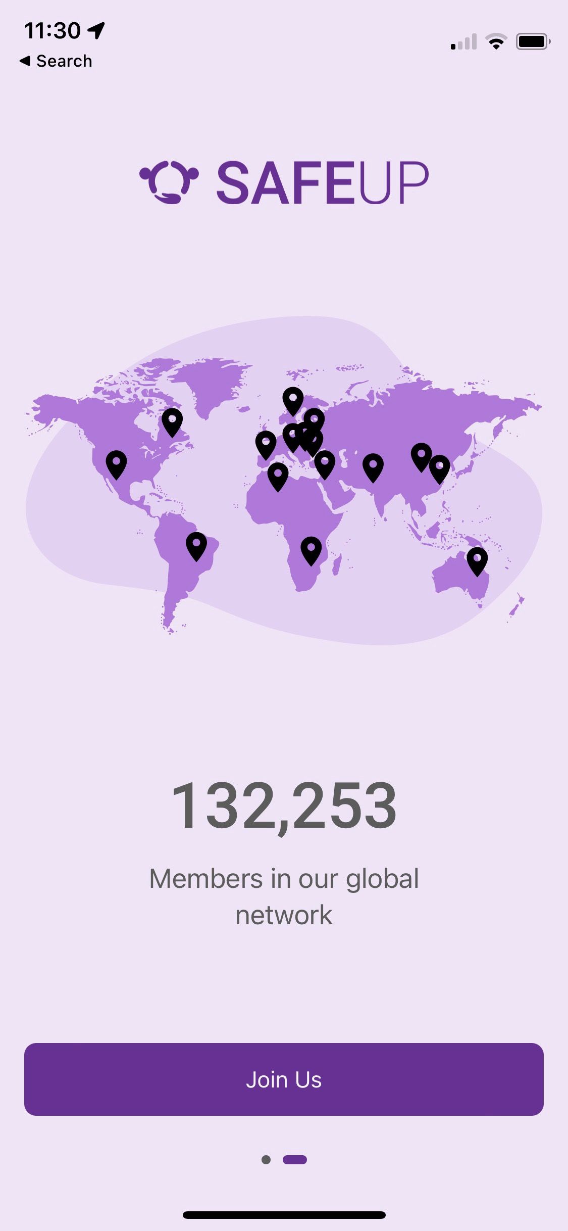 Screenshot of SafeUP app showing global community reach
