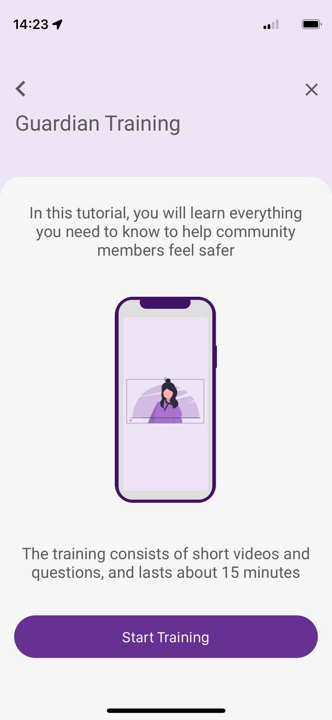 Screenshot of SafeUP app showing introduction to guardian training