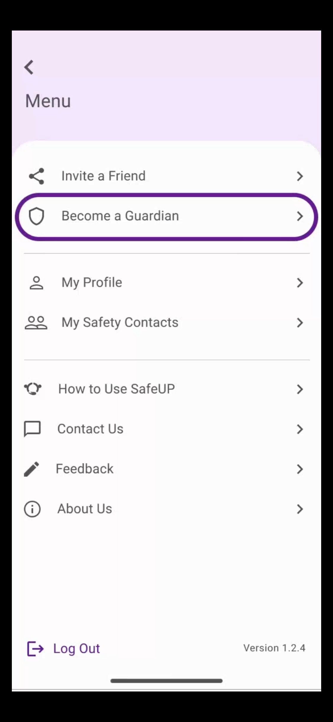 Screenshot of SafeUP app showing menu option to become a guardian