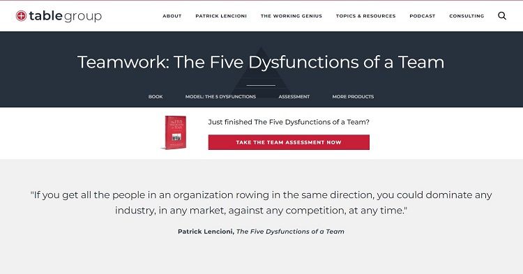 Screenshot of TableGroup page with 5 Dysfunctions of Teamwork