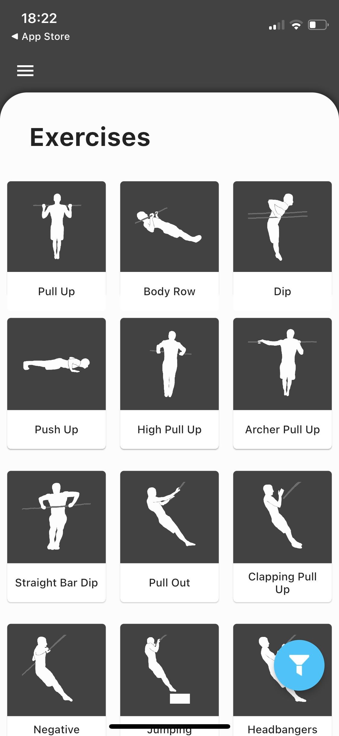 Screenshot of Thenics app showing available exercises
