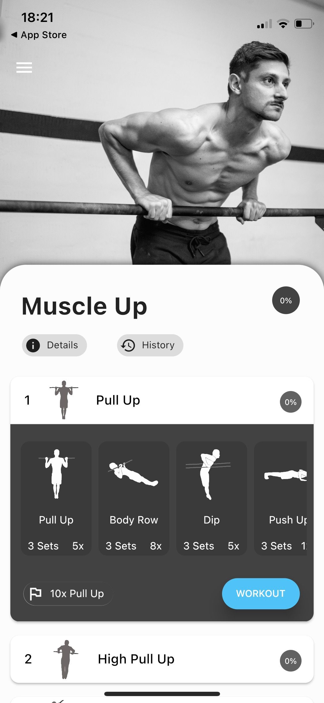 Screenshot of Thenics app showing muscle up workout
