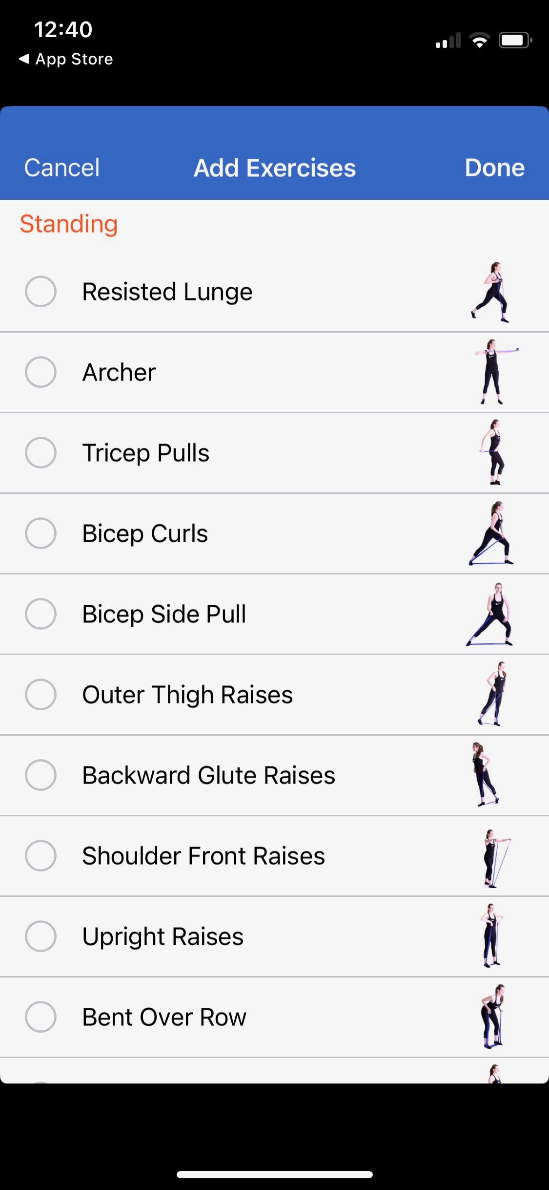 Screenshot of resistance bands workouts showing custom exercise building