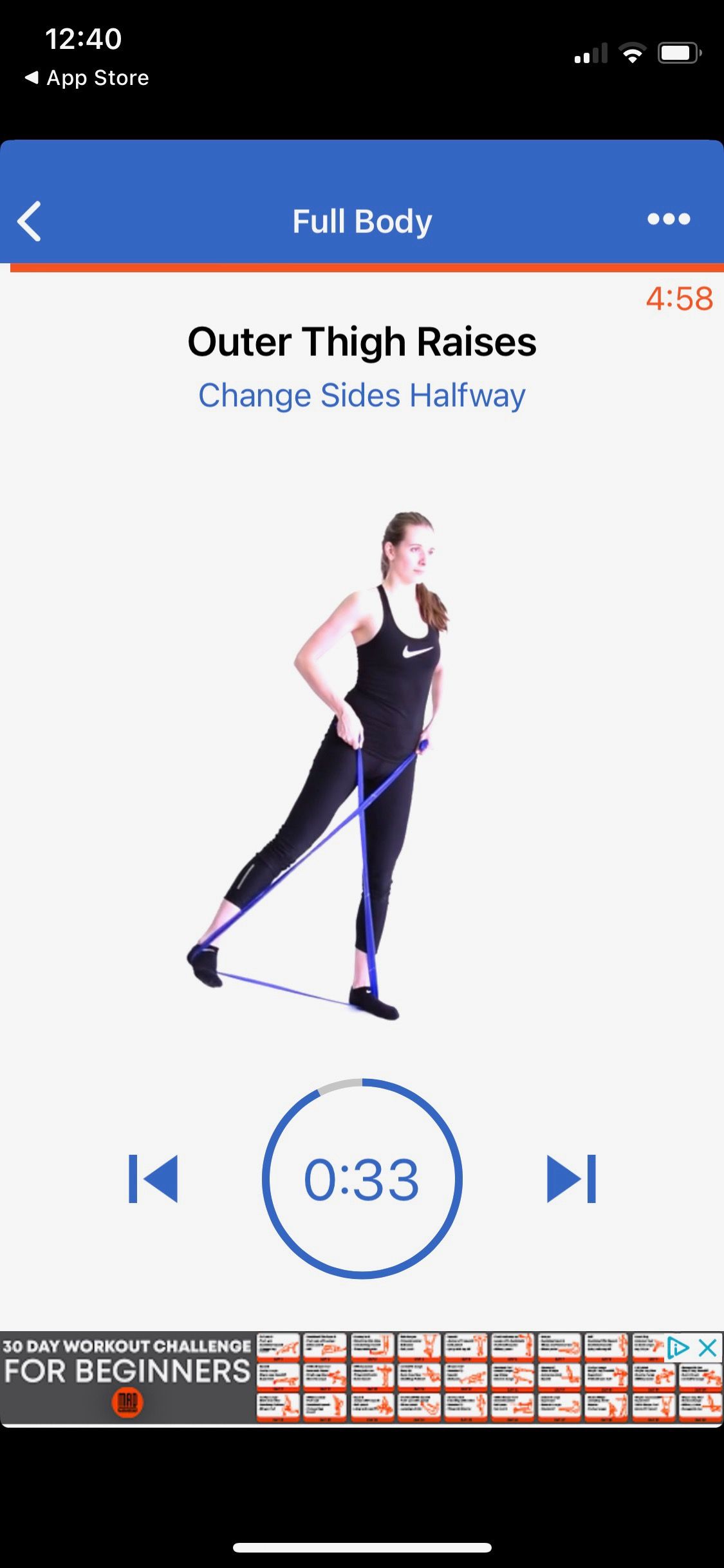 Screenshot of resistance bands workouts showing workout screen