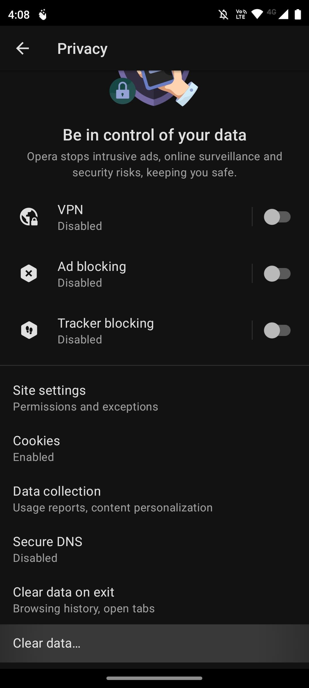 Privacy settings screen in Opera browser