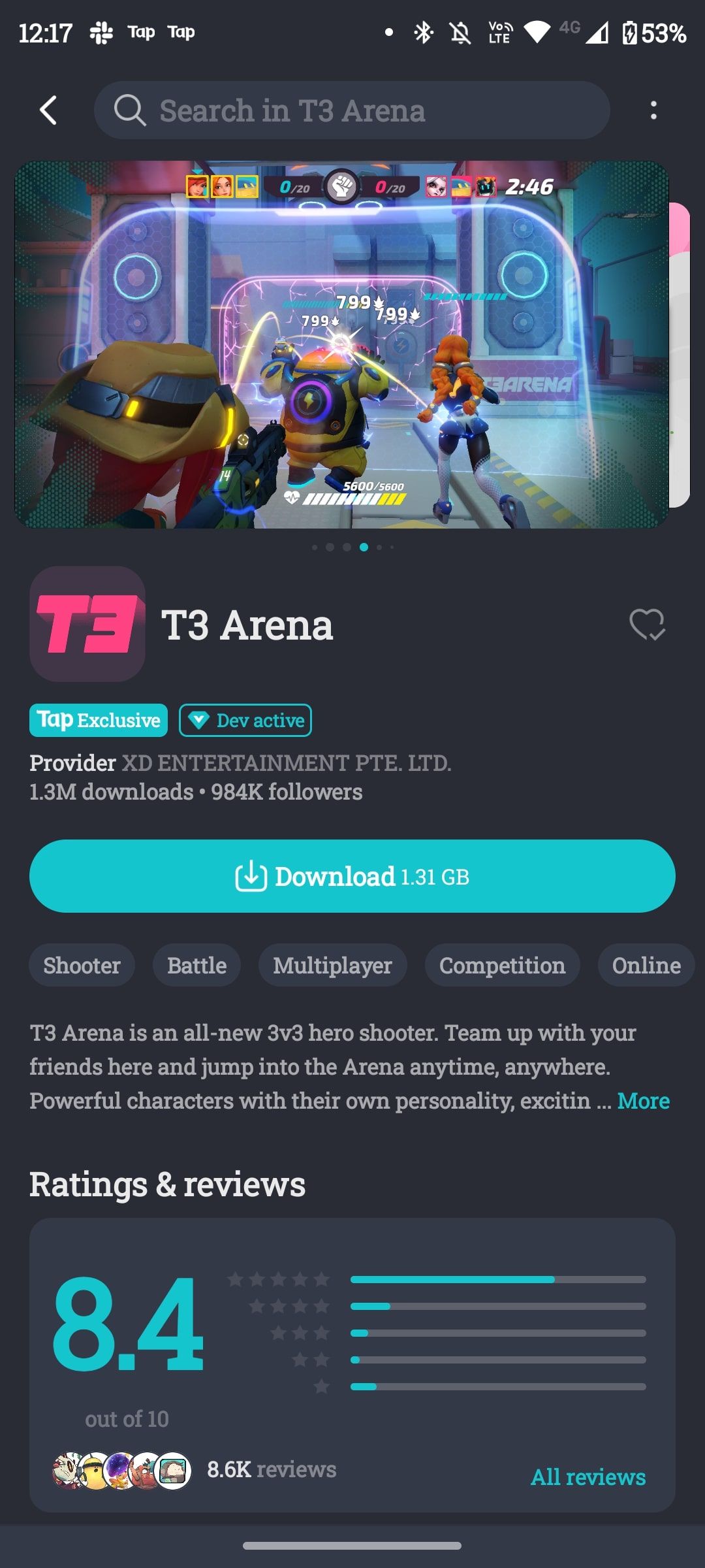 T3 Arena TapTap download page