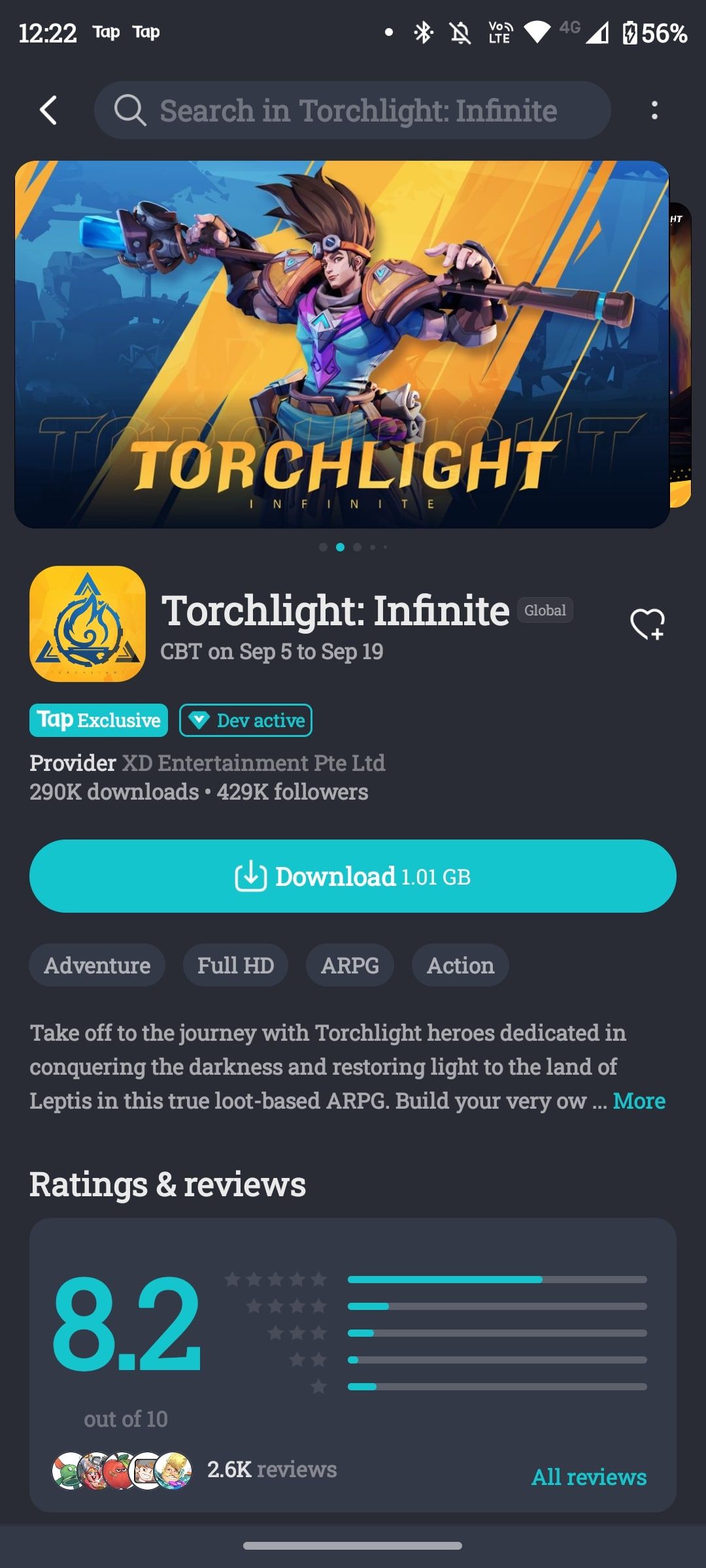 Torchlight: Infinite TapTap download page