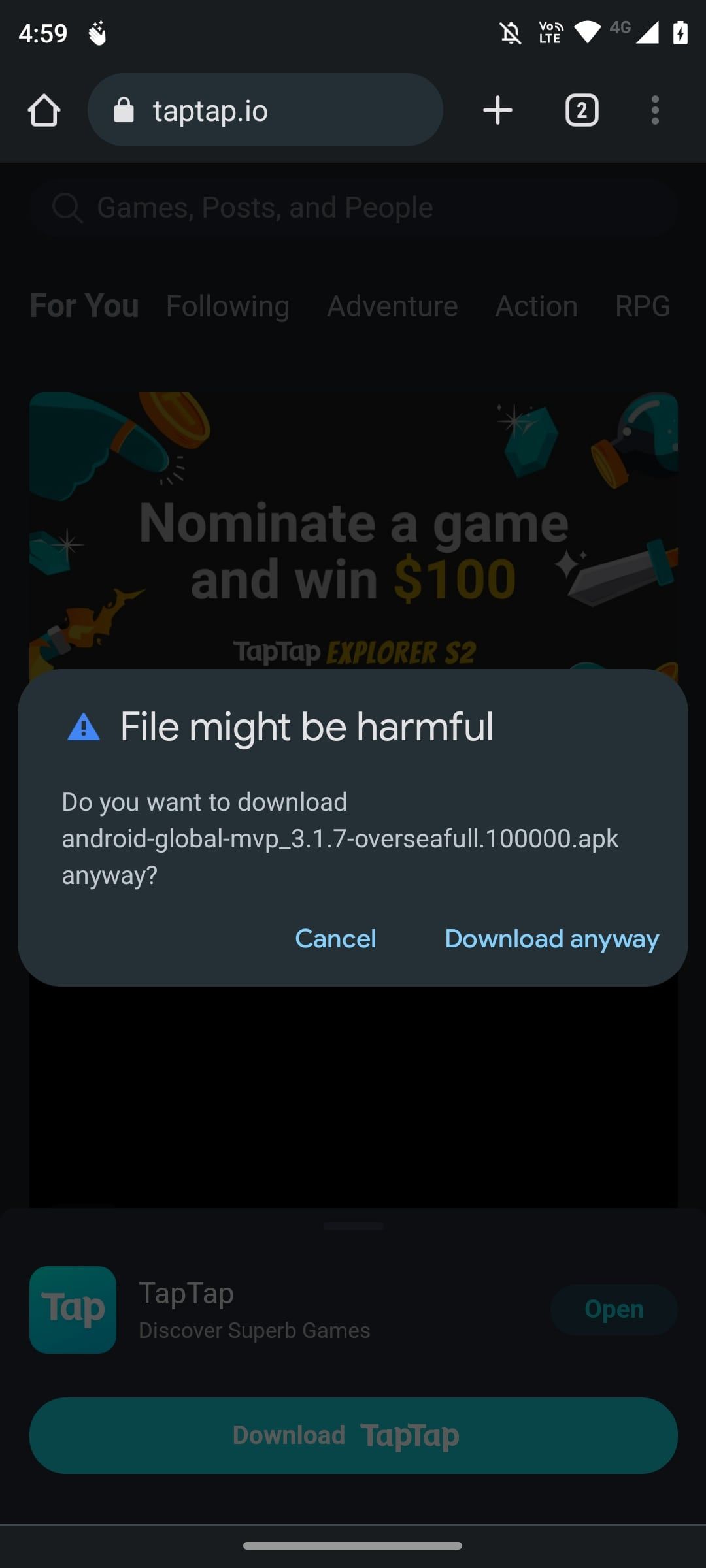 Browser popup warning about file download