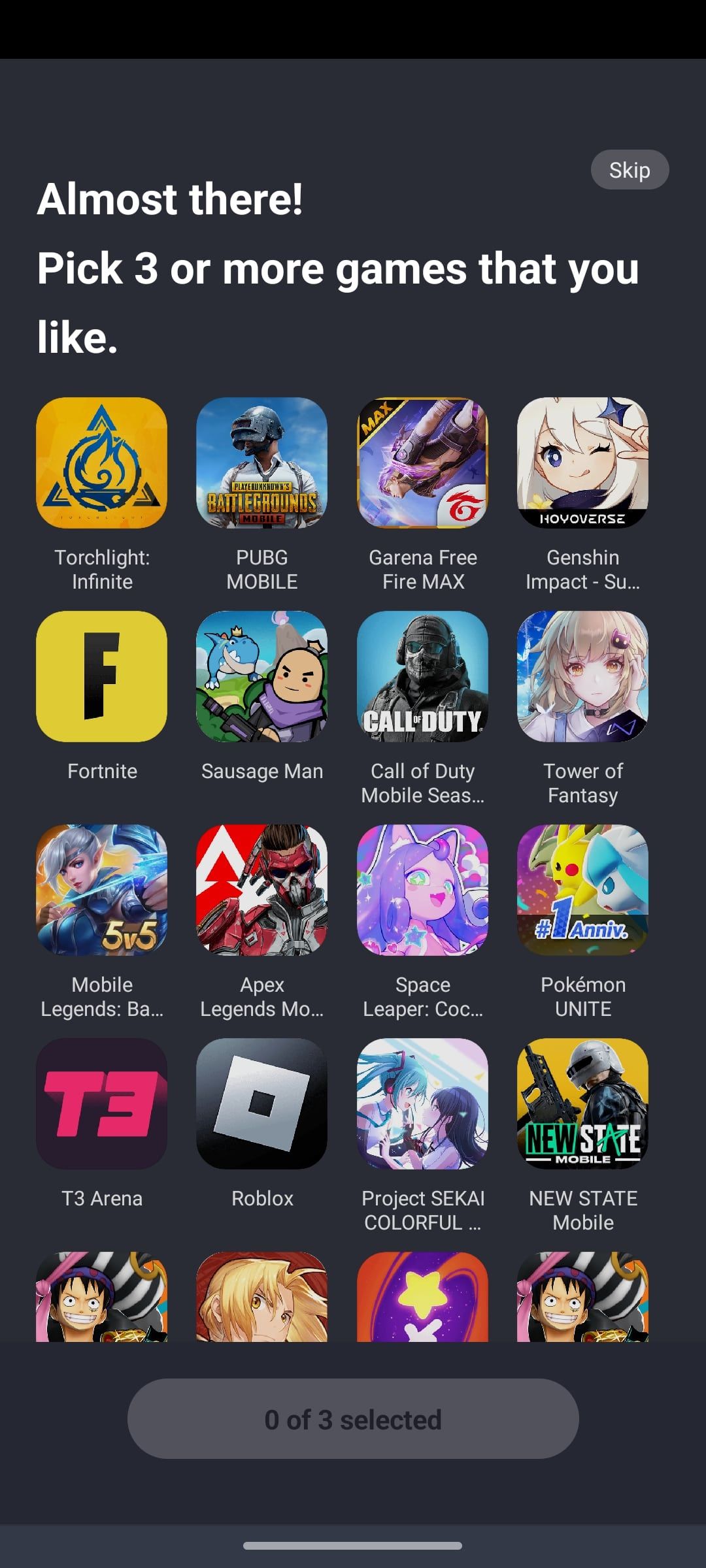 TapTap game selection screen