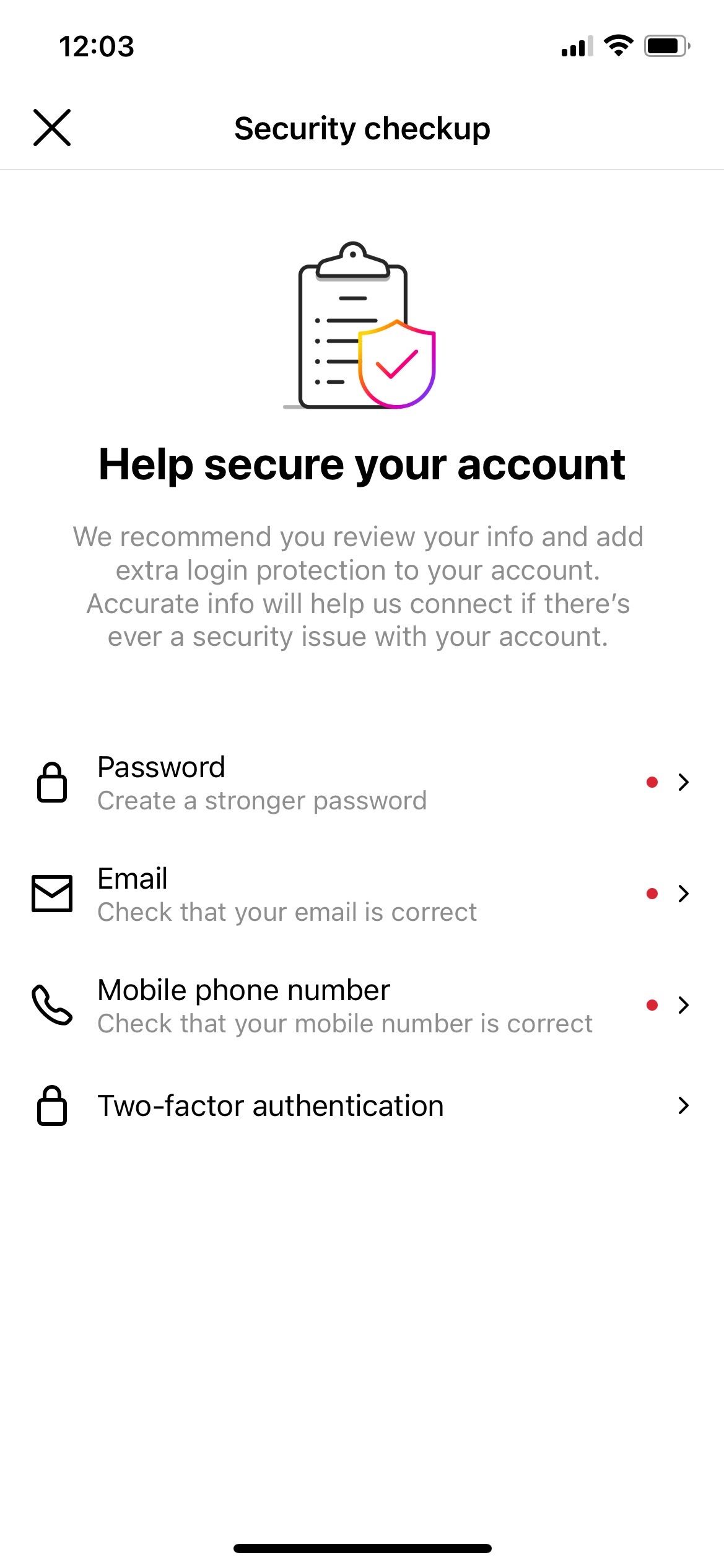 Security checkup on Instagram