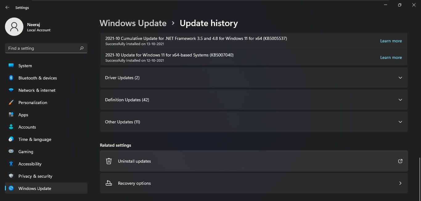 Select Uninstall Updates in Update History